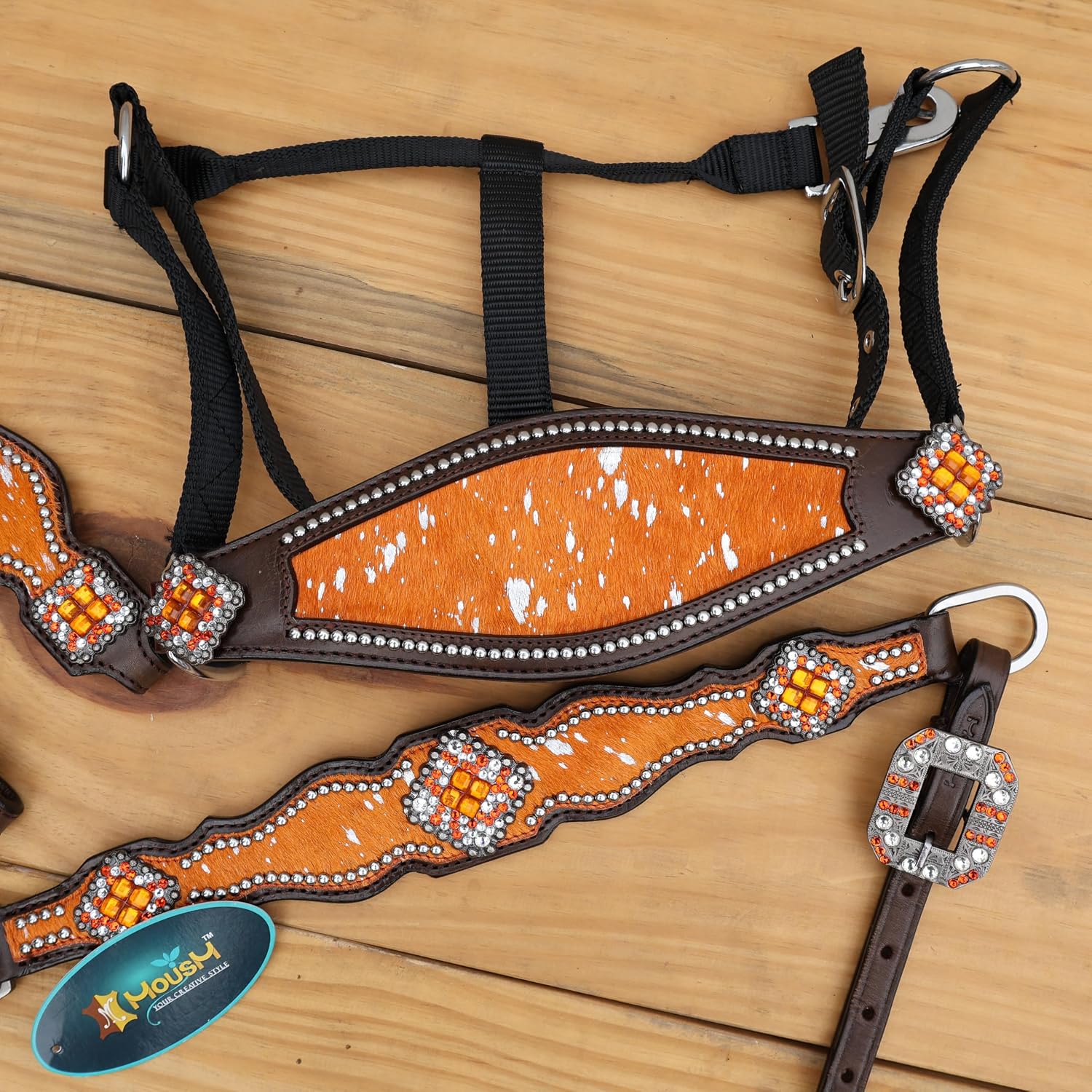 Handmade Western Headstall, Breast Collar, Spur Strap, Wither Strap Tack Set for Horse with Orange and Silver Metallic Acid Wash Cowhide Look