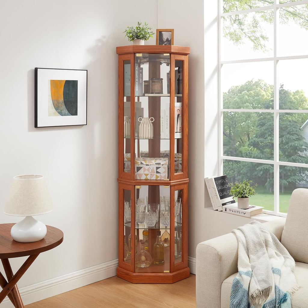 KEIKI 70' Corner Glass Display Cabinet with Adjustable Shelves, for Collectibles, Storage Curio Cabinet with Side-Hung Pane Doors, 5-Tier Showcase Display Case, Easy Assembly, for Living Room, Oak
