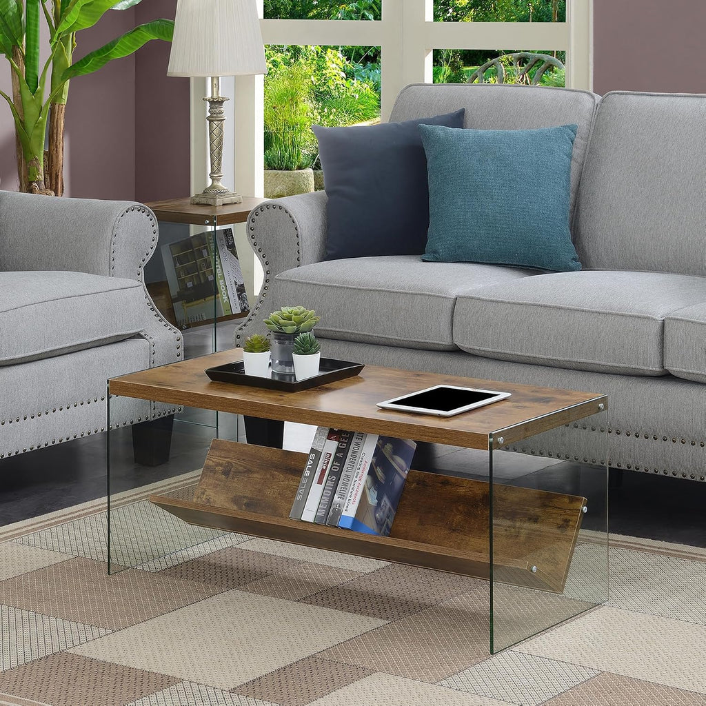 Convenience Concepts SoHo Glass Coffee Table 40' - Modern Living Room Table with Storage Shelf, Contemporary Coffee Table for Family Room, Barnwood