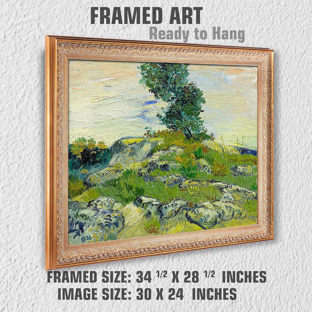 A&T ARTWORK The Rocks by Vincent Van Gogh.Framed Size:34.5x28.5 inches,Image Size:30x24 inches World Classic Reproductions For HomeDecor,Golden Frame