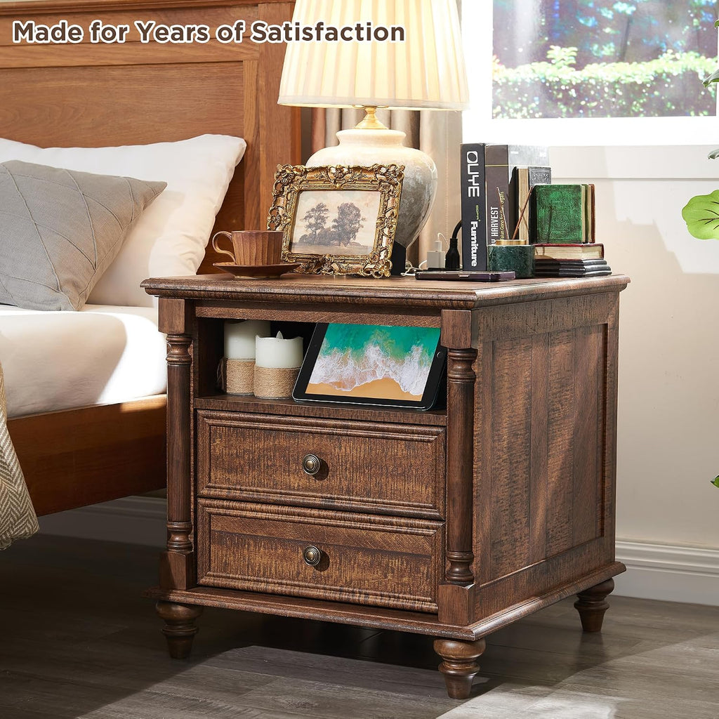 T4TREAM 24'' Farmhouse End Table w/4 Solid Wood Feet, Large 2 Drawers Wide Sofa Side Table with Charging Station, Tall Rustic Wood Square Nightstand for Living Room, Bedroom, Office,Reclaimed Barnwood