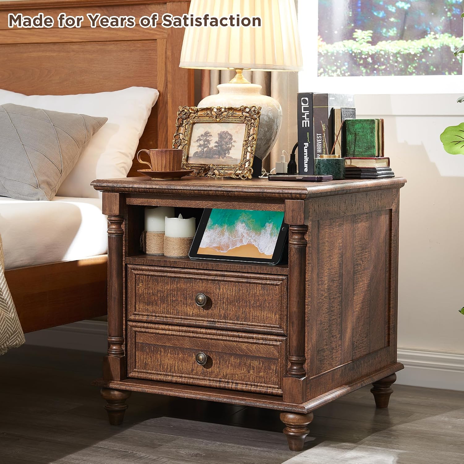 T4TREAM 24'' Farmhouse End Table w/4 Solid Wood Feet, Large 2 Drawers Wide Sofa Side Table with Charging Station, Tall Rustic Wood Square Nightstand for Living Room, Bedroom, Office,Reclaimed Barnwood