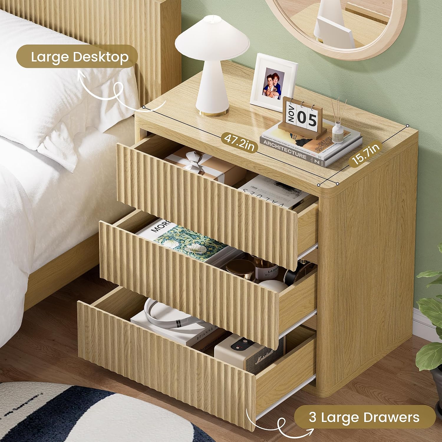 Fluted Nightstand with 3 Drawers, Wood Night Stand with Storage, 25' Wide Side Table, Modern Bedside Table for Bedroom, End Table for Living Room, Handleless Design, Curved Profile, Natural Oak 1PC