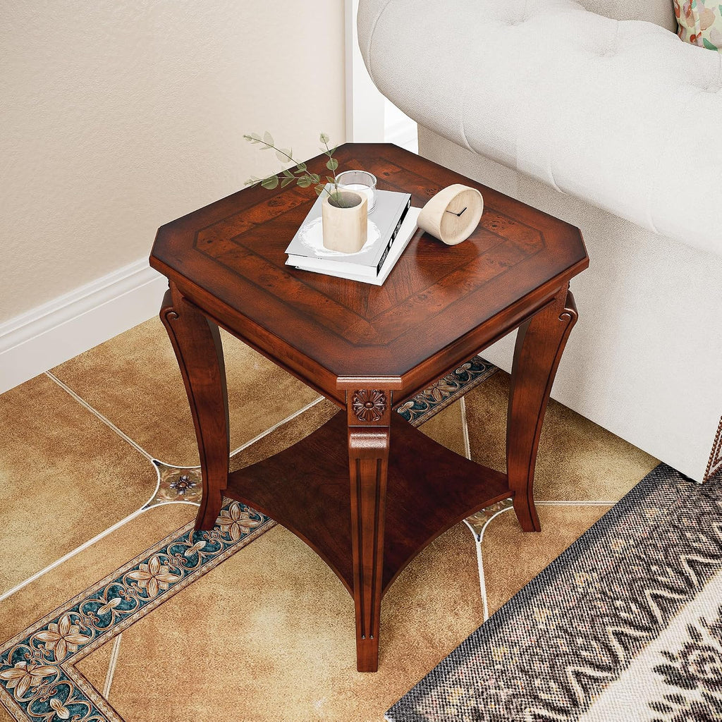 Square End Table with Storage Shelf, Farmhouse Sofa Side Tables for Living Room, Solid Wood Beside Table- With Floral Tabletop,Telephone Tabless, 19.7'D x 19.7'W x 23.8'H Cherry Brown CJZ-A1168-WD