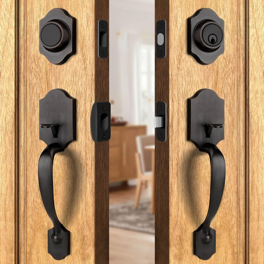Double Front Door Handle Set with Dummy and Deadbolt, Entry Front Door Lock Set with Classic Half Grip Curved Door Handle for Exterior Doors or Office, Oil Rubbed Bronze
