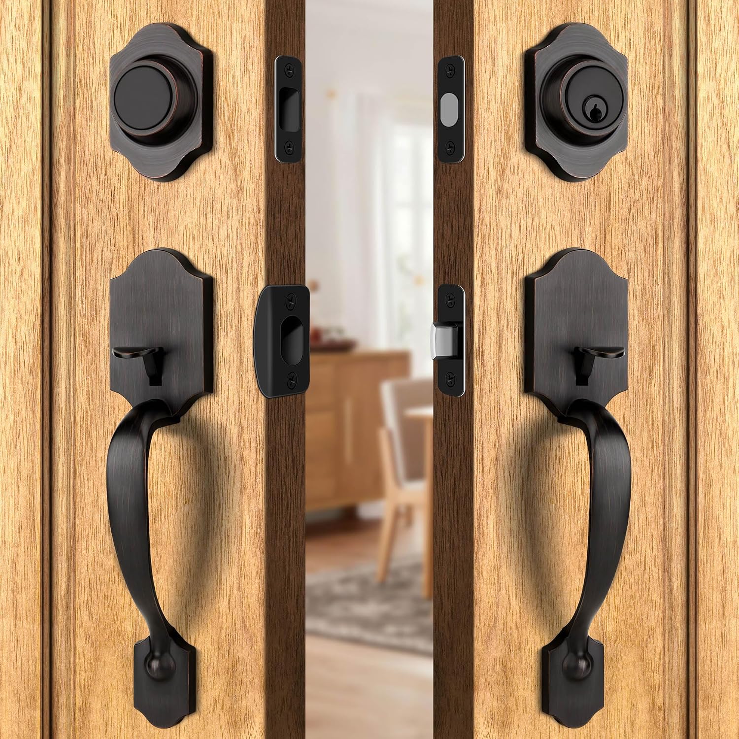 Double Front Door Handle Set with Dummy and Deadbolt, Entry Front Door Lock Set with Classic Half Grip Curved Door Handle for Exterior Doors or Office, Oil Rubbed Bronze