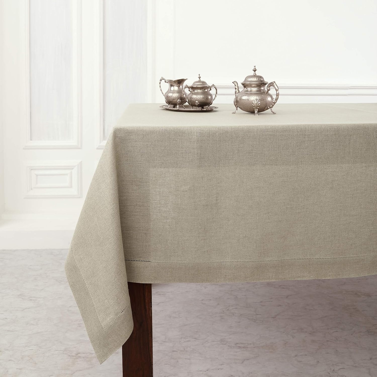 Solino Home Natural Linen Tablecloth 60 x 120 Inch - 100% Pure Linen Hemstitch Table Cloth for Rectangle Tables - Classic Hemstitch, Machine Washable Tablecloth for Summer