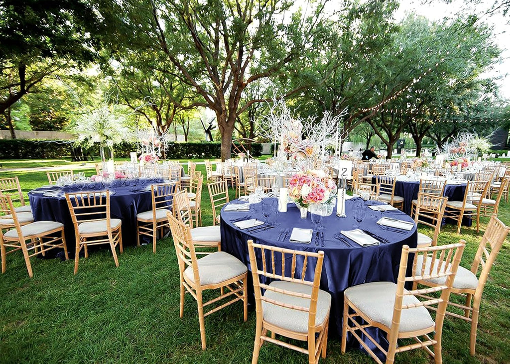 12 Pack 120 Inch Round Tablecloth, Navy Blue Satin Fabric Table Cloth for Round Tables, Wrinkle Resistant Washable TableCover Bright Silk Table Clothes for Wedding Party Dining Tables Banquet