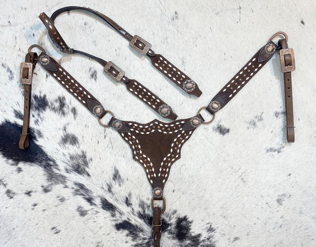 Argentina Cow Leather One Ear Headstall and Breast Collar Set - White Rawhide Buck Stitching & Copper Studs Detailing