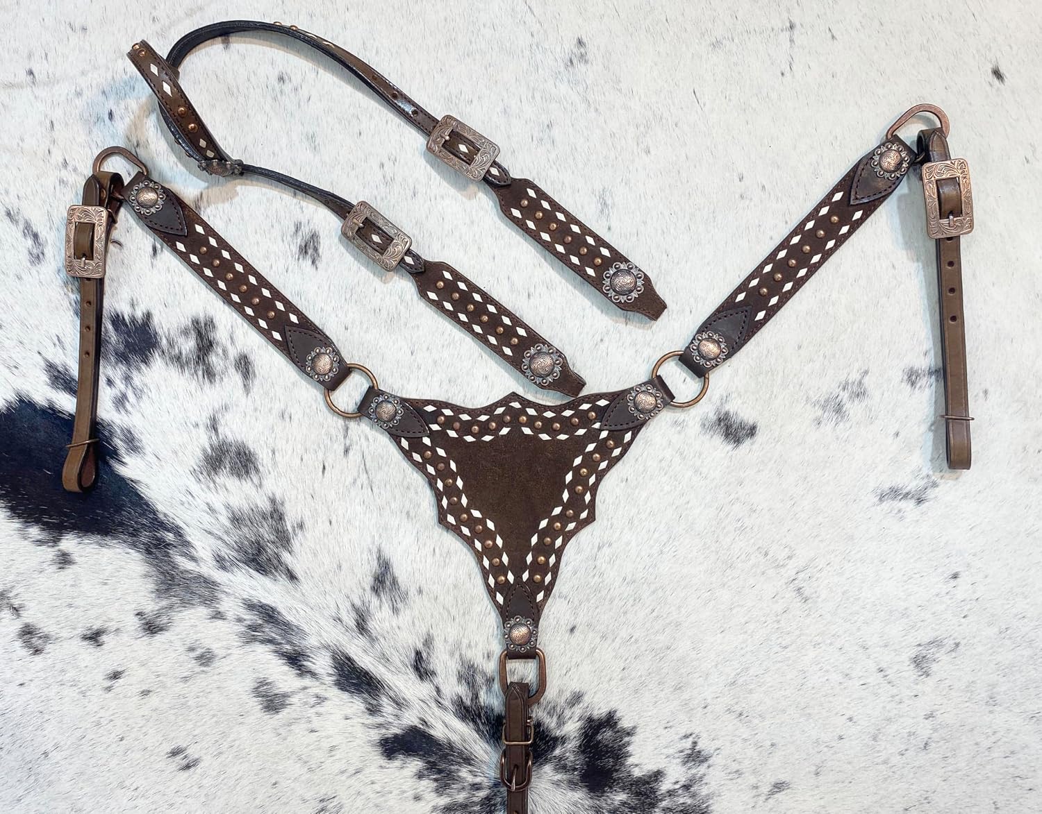 Argentina Cow Leather One Ear Headstall and Breast Collar Set - White Rawhide Buck Stitching & Copper Studs Detailing