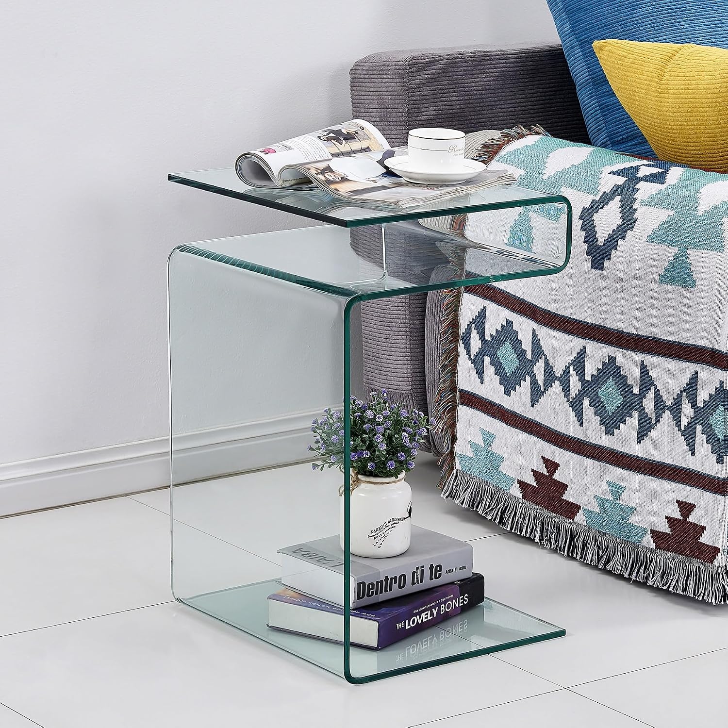 Glass Nightstand End Table, Clear S-Shaped Bedside Side Tables for Living Room, Sofa Bent Glass Table 16.55' D x 14.56' W x 24' H