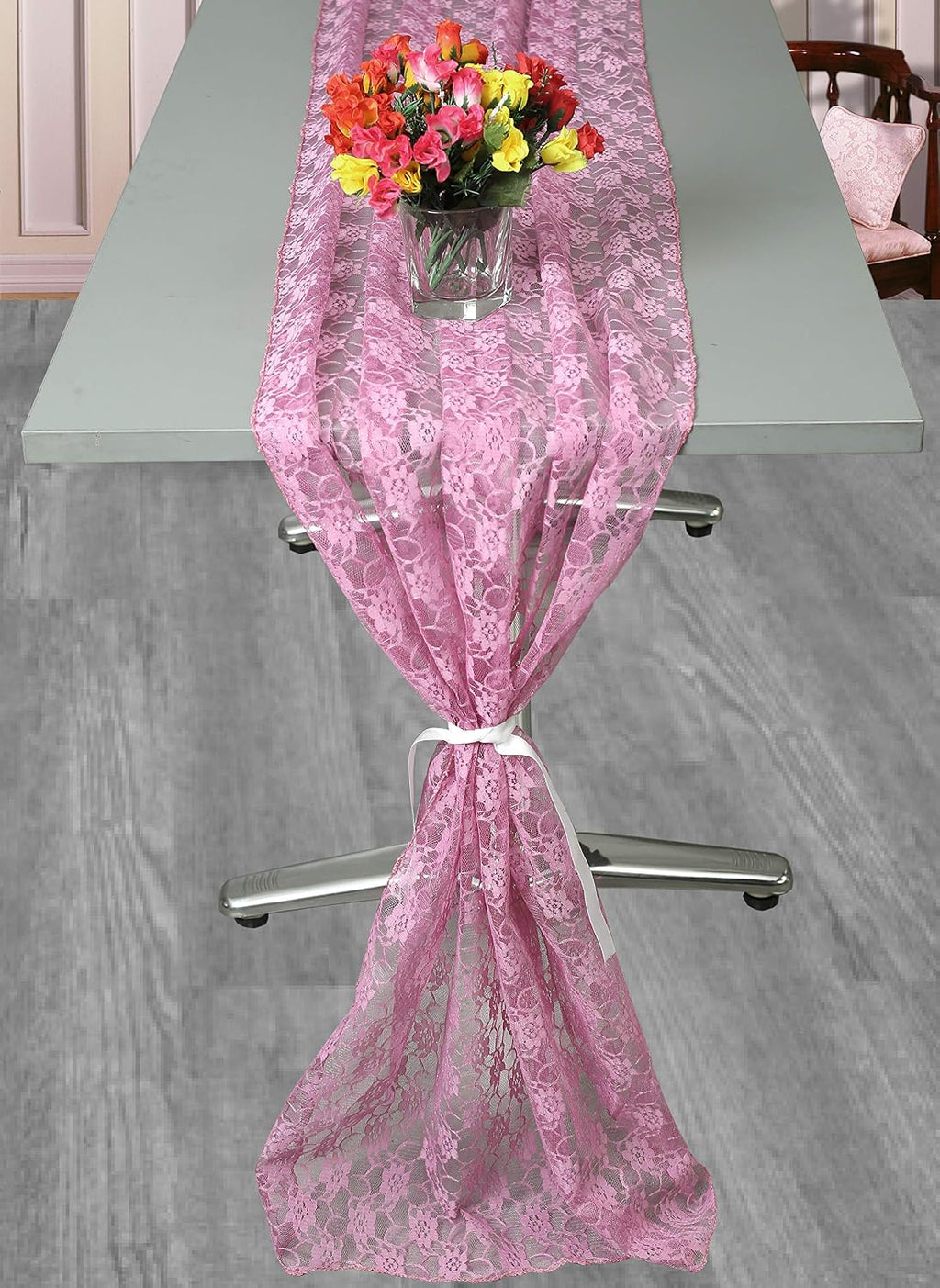 MDS Pack of 12 Wedding 27 x 170 inches Long Sheer lace Table Runner for Wedding Banquets Decorations Birthday Parties, Engagements, Rustic Boho for 14Feet Table Runners - Dusty Pink