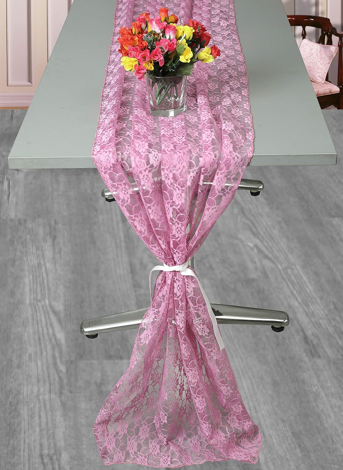 MDS Pack of 25 Wedding 27 x 120 inches Long Sheer lace Table Runner for Wedding Banquets Decorations Birthday Parties, Engagements, Rustic Boho for 10Ft Table Runners - Dusty Pink