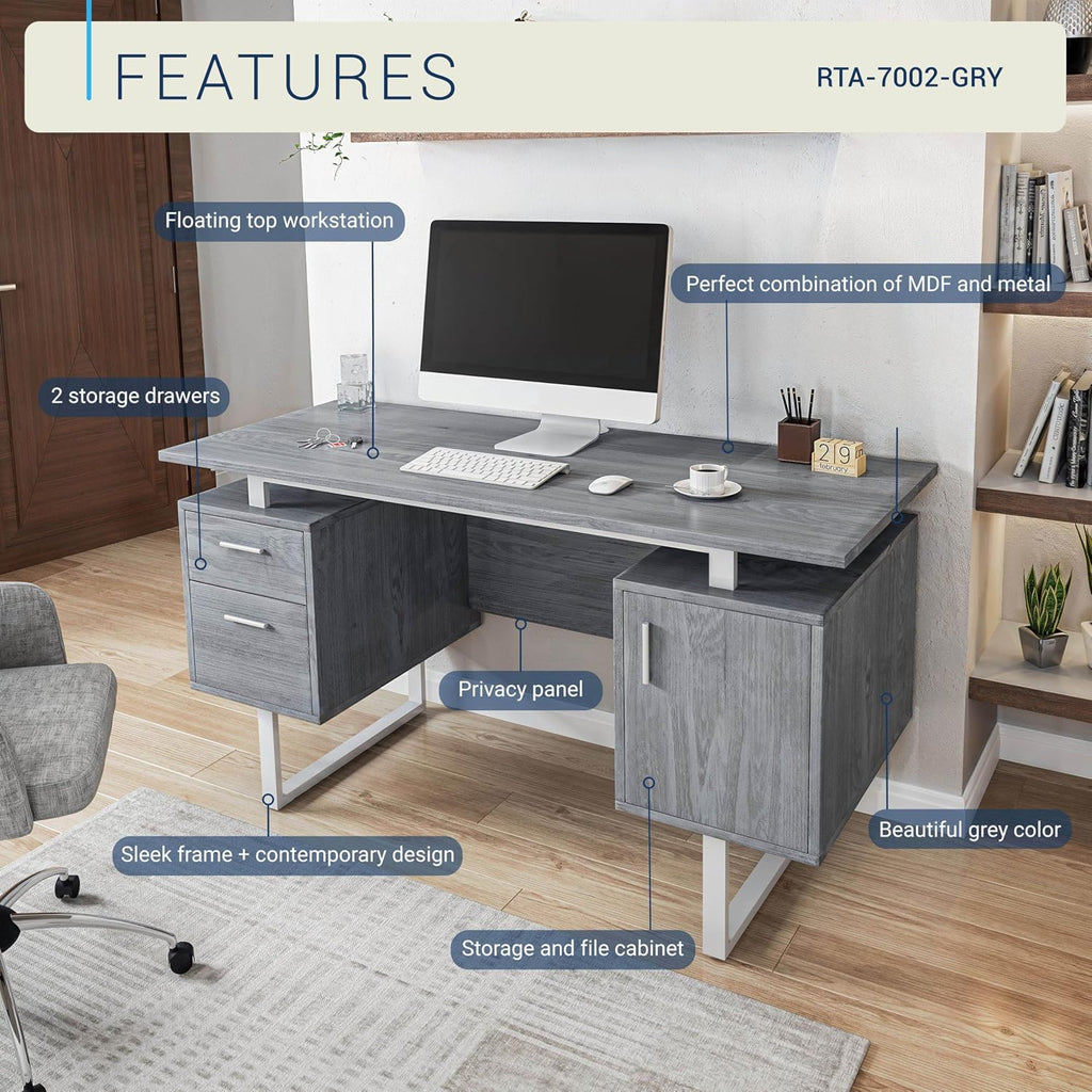 Techni Mobili Modern Office Desk with Storage, Gray