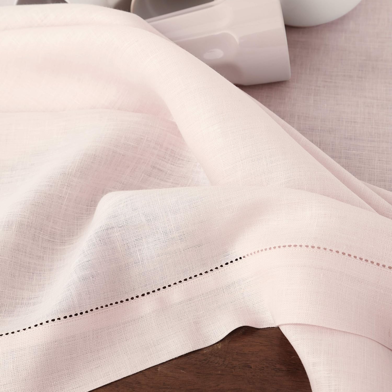 Solino Home Linen Tablecloth for Rectangle Tables 60 x 90 Inch - Classic Hemstitch 100% Pure Linen Pink Table Cloth - Machine Washable Cloth Tablecloth for Summer