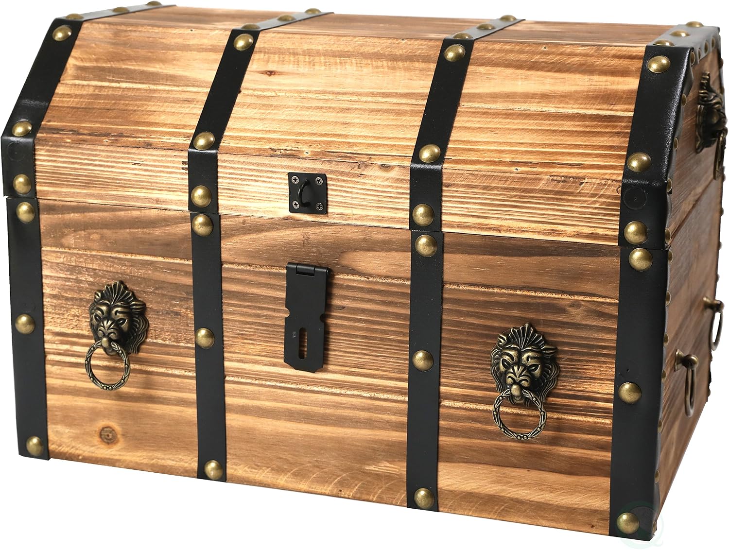 Vintiquewise Wooden Treasure Chest Trunk Vintage-Style Storage Box with Leather Straps Brass Rivets Lion Head Ornaments & Latch Closure Decorative Accent and Functional Organizer for Home Décor, Small