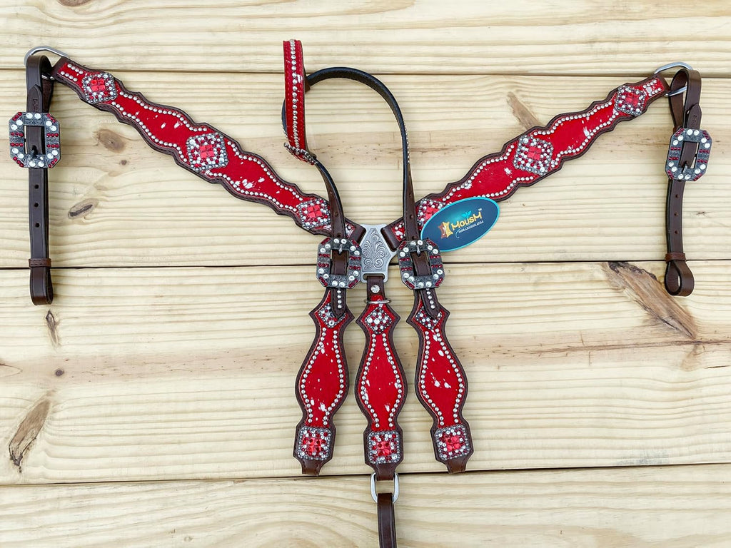 Western Leather Headstall & Breast Collar Set for Horses - Valentine's Day Silver Metallic Cowhide with Rhinestones