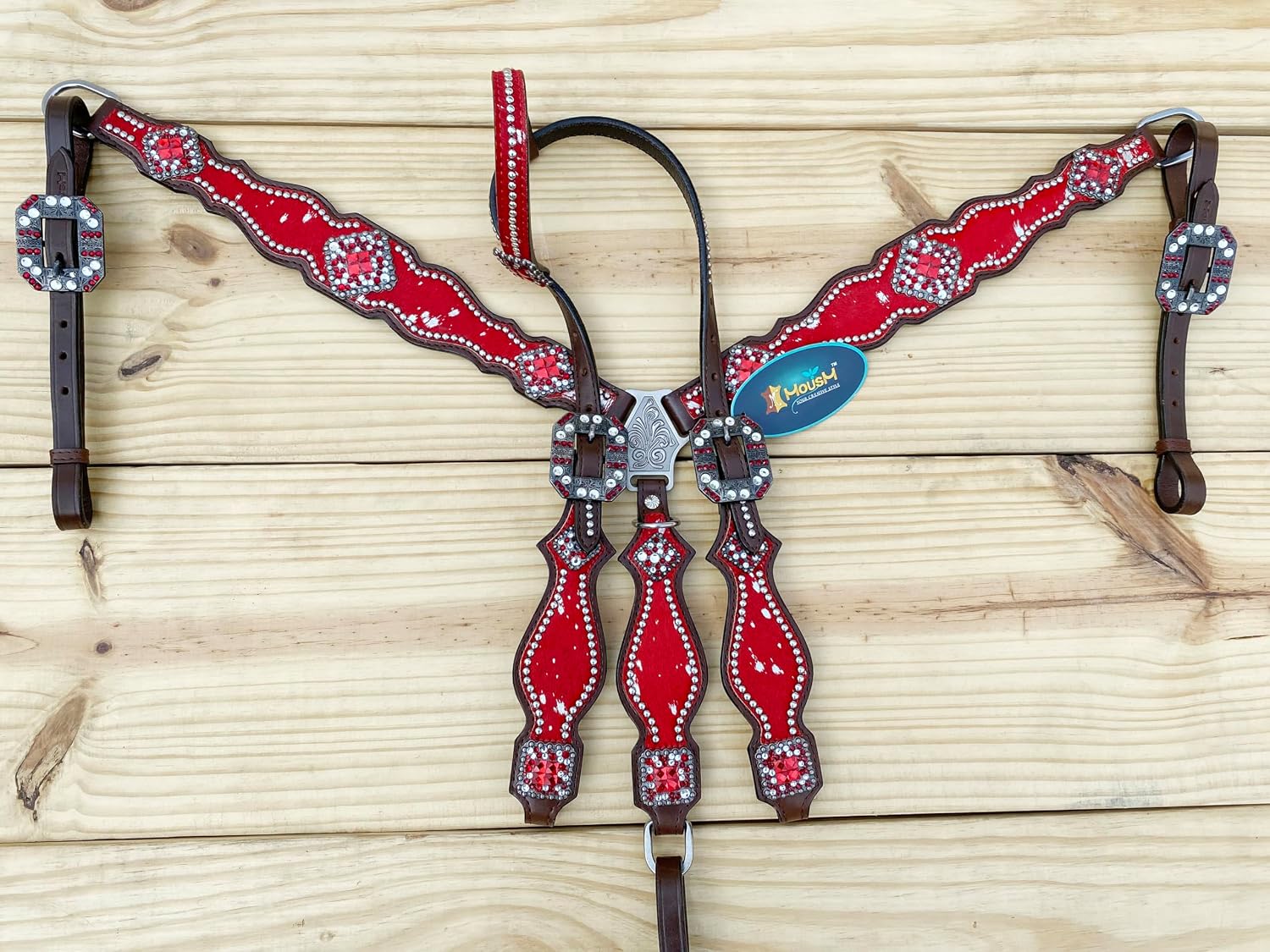 Western Leather Headstall & Breast Collar Set for Horses - Valentine's Day Silver Metallic Cowhide with Rhinestones