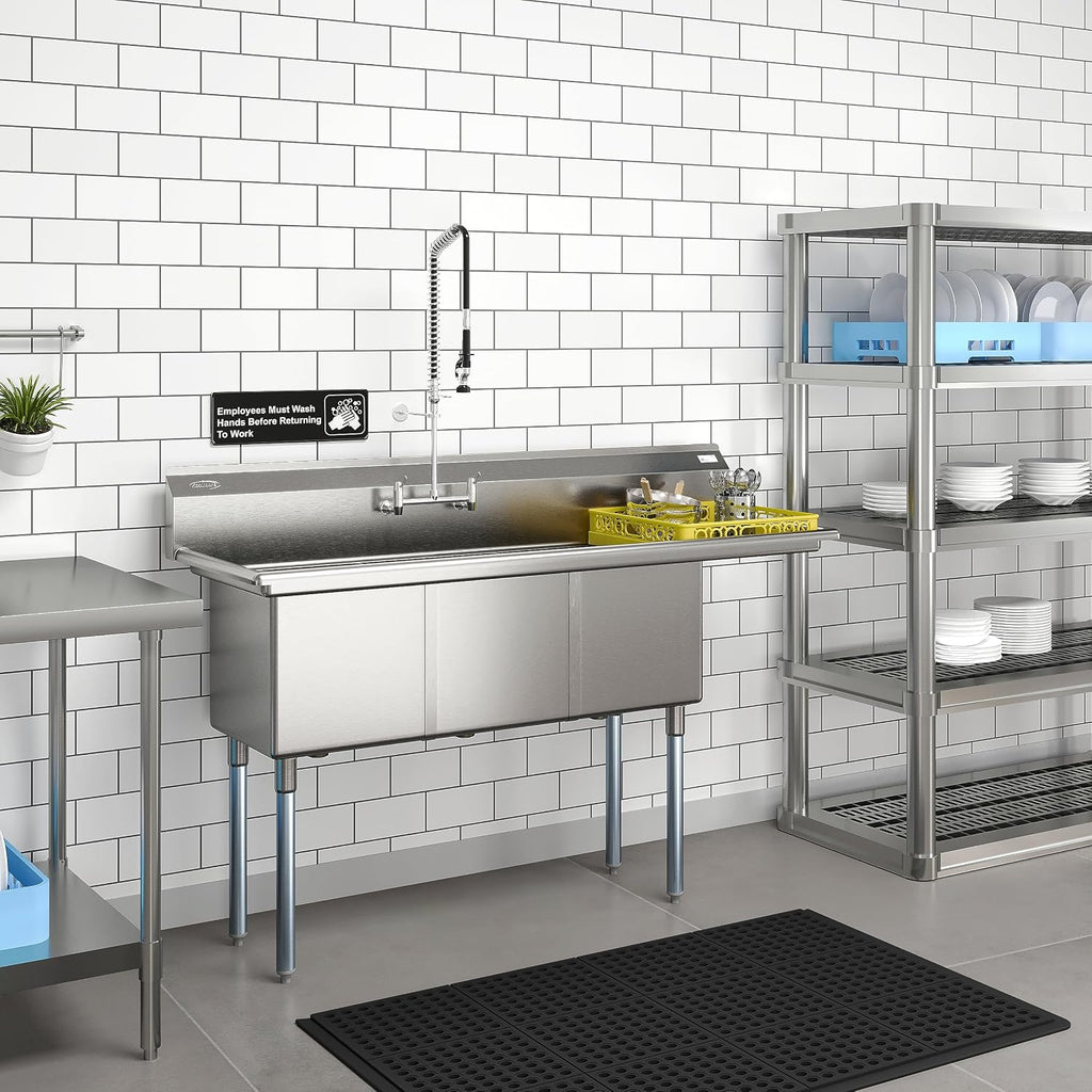 KoolMore 63 in. Three Compartment 18-Gauge Stainless-Steel NSF Commercial Kitchen Sink, Bowl Size 15x15x14, with Three Basins and Pre-Drilled Faucet Holes for Restaurants and Cafes (KM-SC151514-15R3)