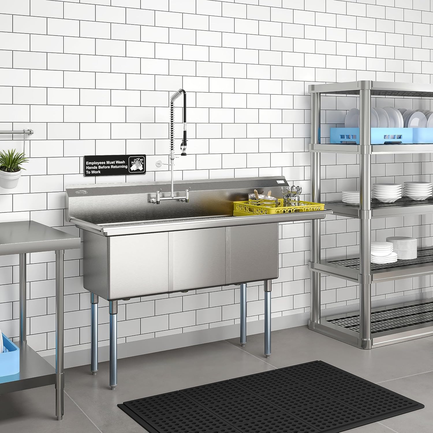 KoolMore 63 in. Three Compartment 18-Gauge Stainless-Steel NSF Commercial Kitchen Sink, Bowl Size 15x15x14, with Three Basins and Pre-Drilled Faucet Holes for Restaurants and Cafes (KM-SC151514-15R3)