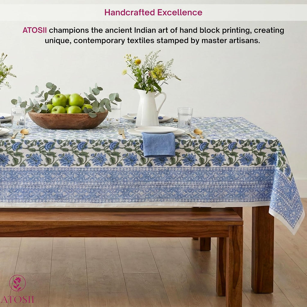 ATOSII Taj 100% Cotton Fall Tablecloth, Handblock Print Rectangle Table Cover for Kitchen Dining Linen I Parties, Thanksgiving, Christmas, Wedding, Table Cloth I 72 X 140 Inches I 12 Seater