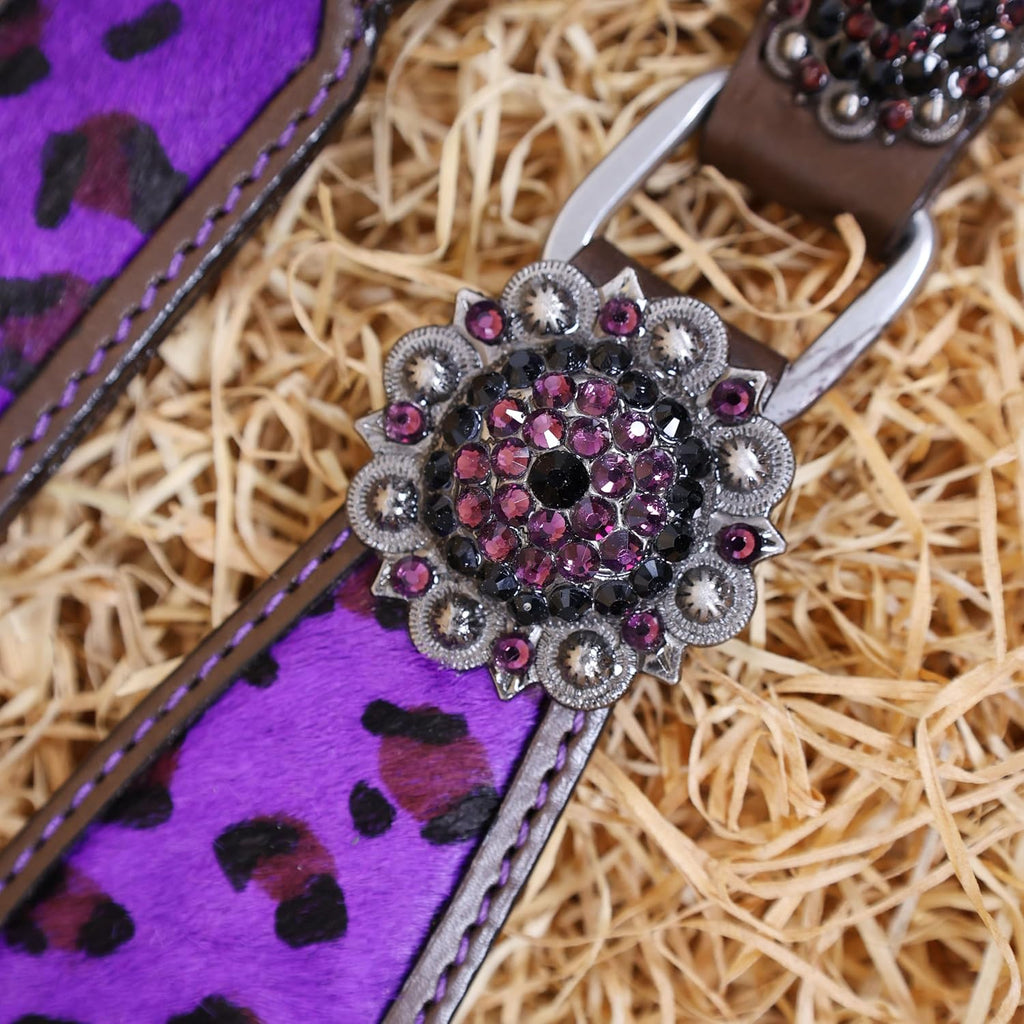 Cheetah Headstall & Breast Collar Tack Set – Gladiator Style with Leopard Print on Leather | Genuine Argentine Cow Leather | Antique Nickel Hardware & Copper Rivet Buckles