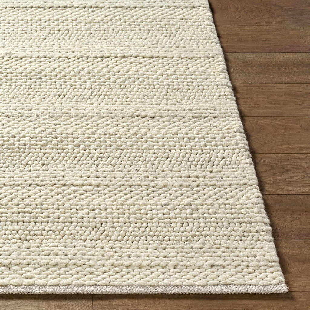 BoutiqueRugs Beige Striped Transitional 8ft Square Area Rug Wool Hand Woven Flatweave Textured Bohemian Clarke Living Room Bedroom Dining Room Home Office Apartment Stain Resistant Non-Shedding
