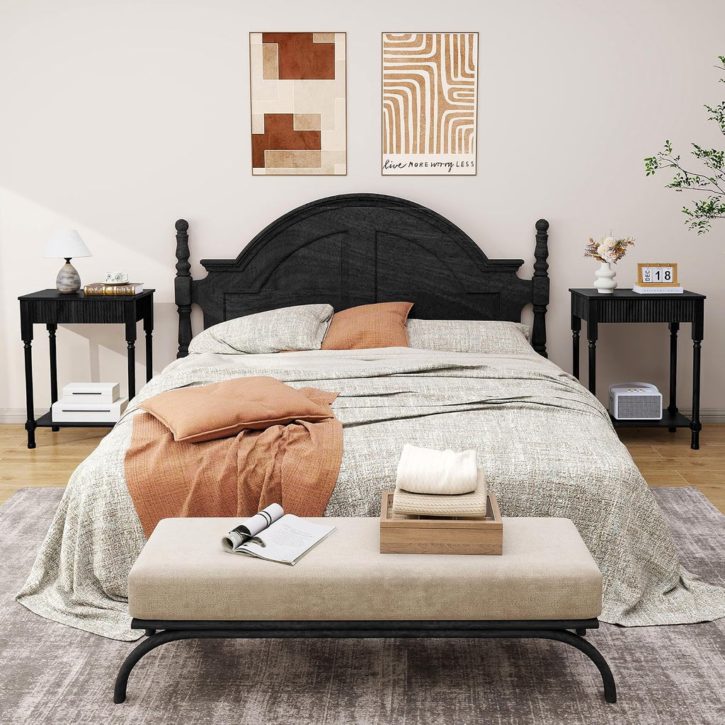 23.6' Large End Table with Charging Station, Set of 2, Modern Farmhouse Side Table with Drawer&Open Shelf, Fluted Wood Bedside Table Sofa Tables Night Stand for Bedroom Living Room Home Office, Black