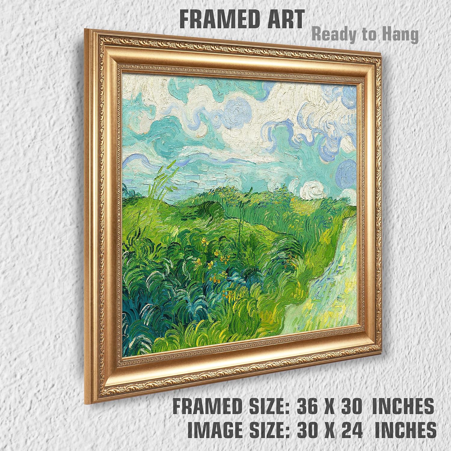 Green Wheat Fields, Auvers by Vincent Van Gogh Framed Size:30x36 inches,Image Size:24x30 inches,Golden Frame The World Classic Art Reproductions,Wall Art for Home Decor