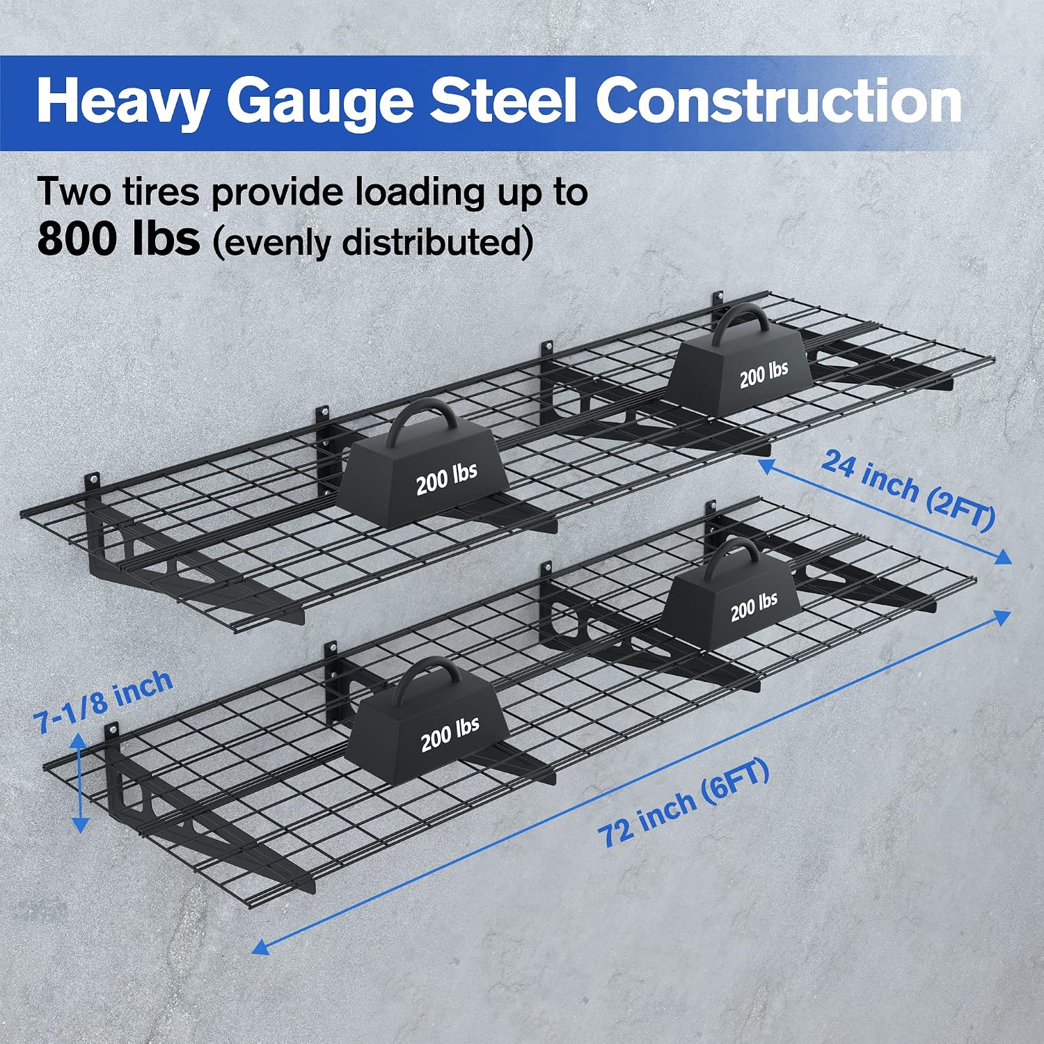 WORKPRO 2-Pack 2x6FT Garage Wall Shelving, 72' x 24' Heavy Duty Wall Mounted Shelving, 800lbs Load Capacity (Total), Metal Wall Shelves Suitable for Shop, Shed, Garage Storage, Black, 1 Sets