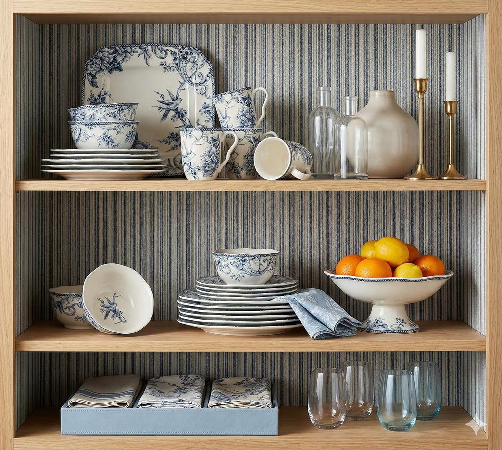 222 Fifth Adelaide Blue 16-Piece Floral Porcelain Dinnerware Set | Microwave and Dishwasher Safe Dining Set for 4 | Stackable and Chip-Resistant Plates Bowls and Cups | Gift for Housewarming & Wedding