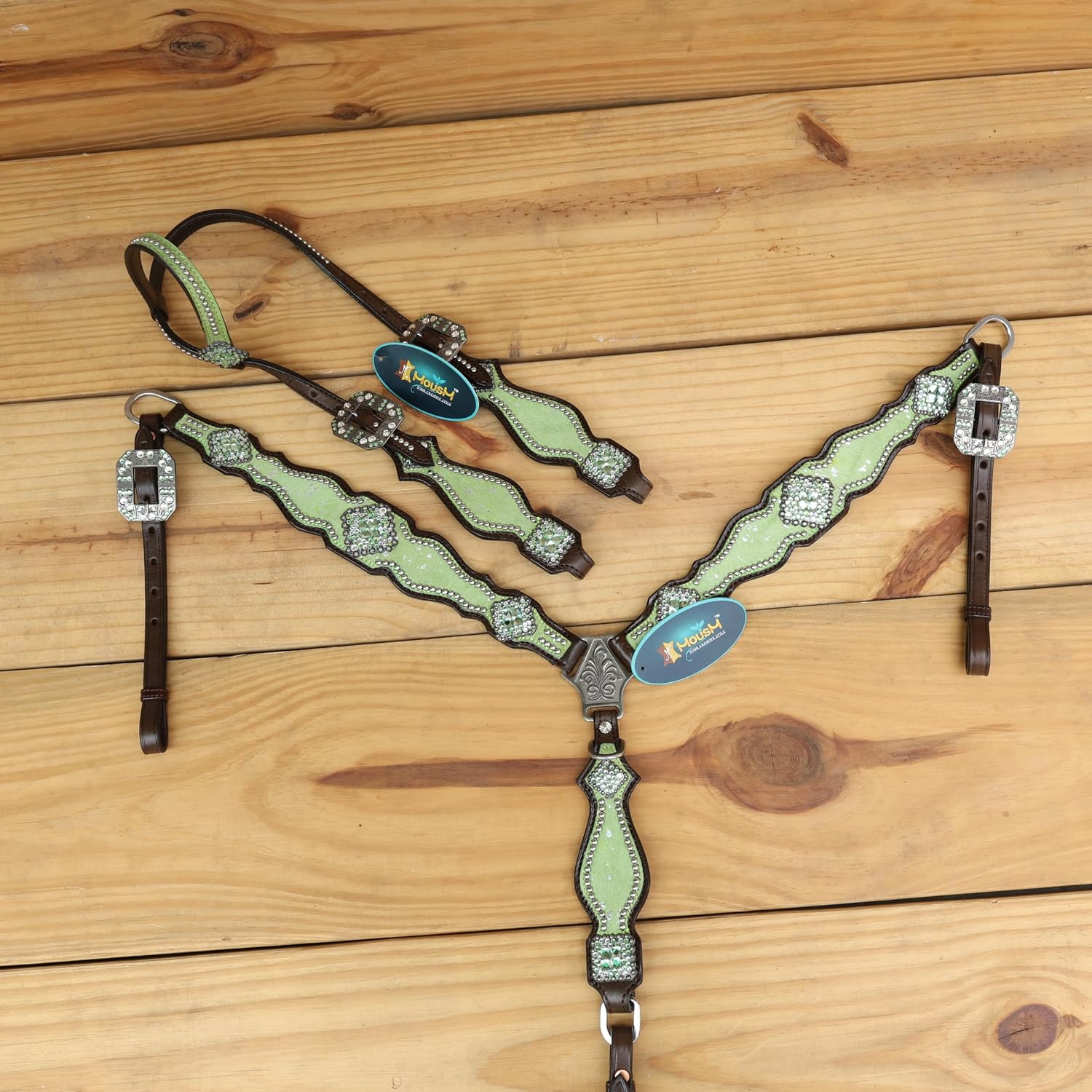 Western Leather Headstall & Breast Collar Set for Horses - Valentine's Day Silver Metallic Cowhide with Rhinestones