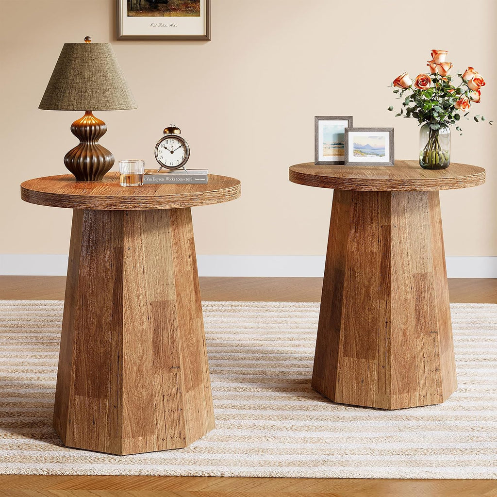 Tribesigns Farmhouse Round End Table, Wooden Couch Side Table with Octagonal Base, Rustic Brown Nightstand Pedestal Accent Furniture for Living Room, Bedroom (Set of 2, Walnut)