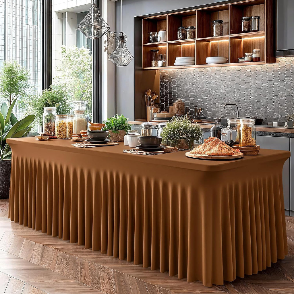 Shillance 6 Packs Brown Spandex Tableclothes for 8 Foot Rectangle Table, Spandex Table Covers 8FT Stretch Table Skirts Wrinkle Free Fitted Table Cloth for Event, Wedding, Banquet & Parties