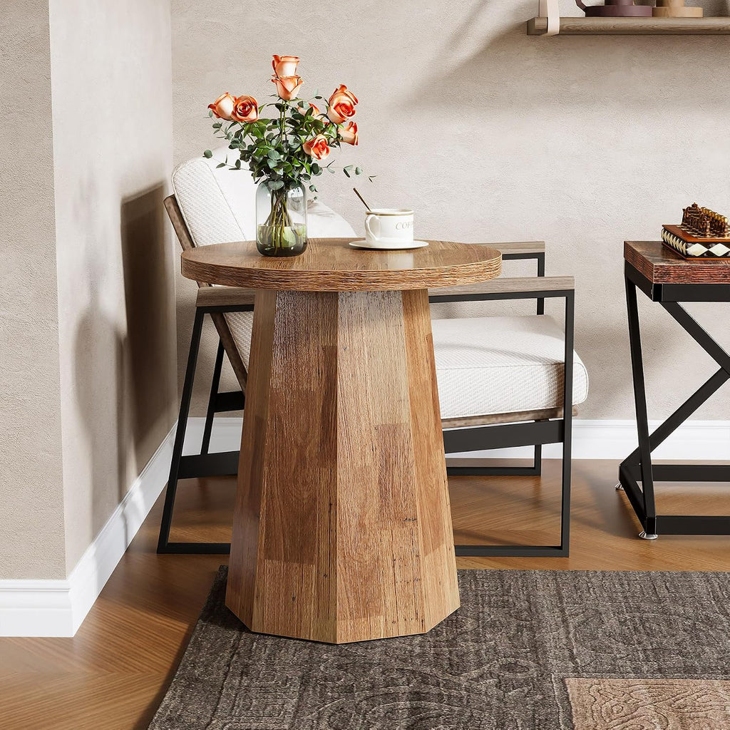 Tribesigns Farmhouse Round End Table, Wooden Couch Side Table with Octagonal Base, Rustic Brown Nightstand Pedestal Accent Furniture for Living Room, Bedroom (Set of 2, Walnut)