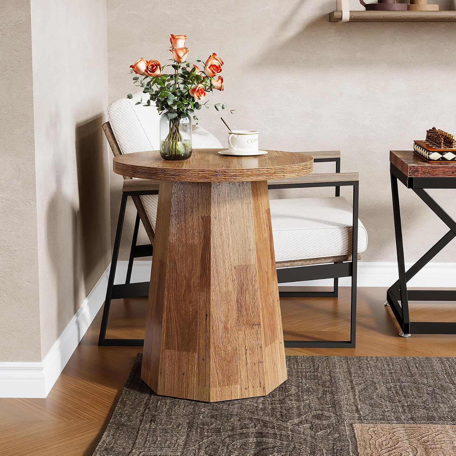 Tribesigns Farmhouse Round End Table, Wooden Couch Side Table with Octagonal Base, Rustic Brown Nightstand Pedestal Accent Furniture for Living Room, Bedroom (Set of 2, Walnut)