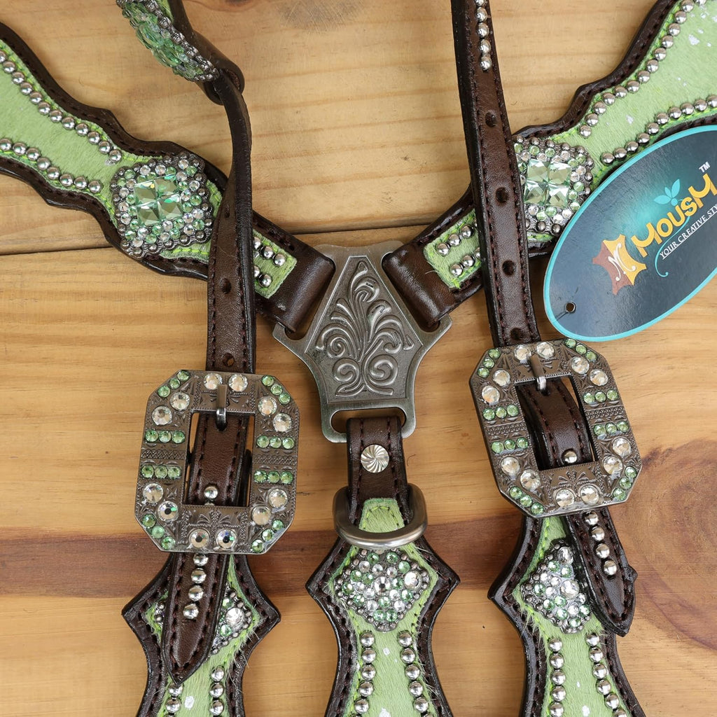 Western Leather Headstall & Breast Collar Set for Horses - Valentine's Day Silver Metallic Cowhide with Rhinestones