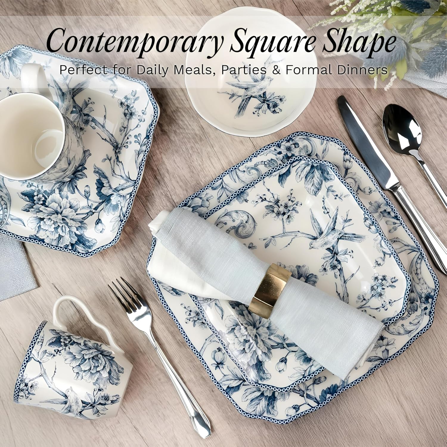 222 Fifth Adelaide Blue 16-Piece Floral Porcelain Dinnerware Set | Microwave and Dishwasher Safe Dining Set for 4 | Stackable and Chip-Resistant Plates Bowls and Cups | Gift for Housewarming & Wedding