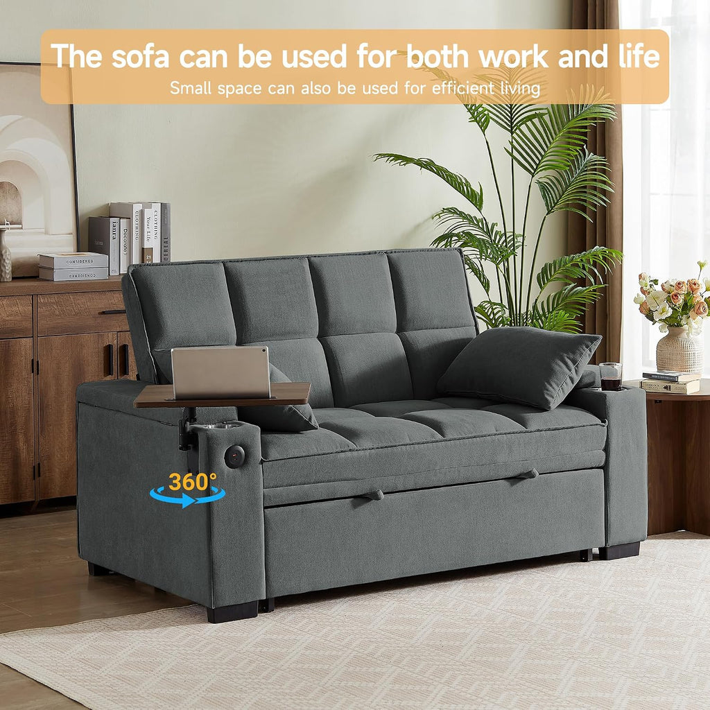 Auvsoce 65'' Chaise Lounge Chair Indoor, 3-in-1 Convertible Sofa Bed with Pull Out Design, 360° Swivel Side Table, Modern Chenille Couch Bed for Living Room