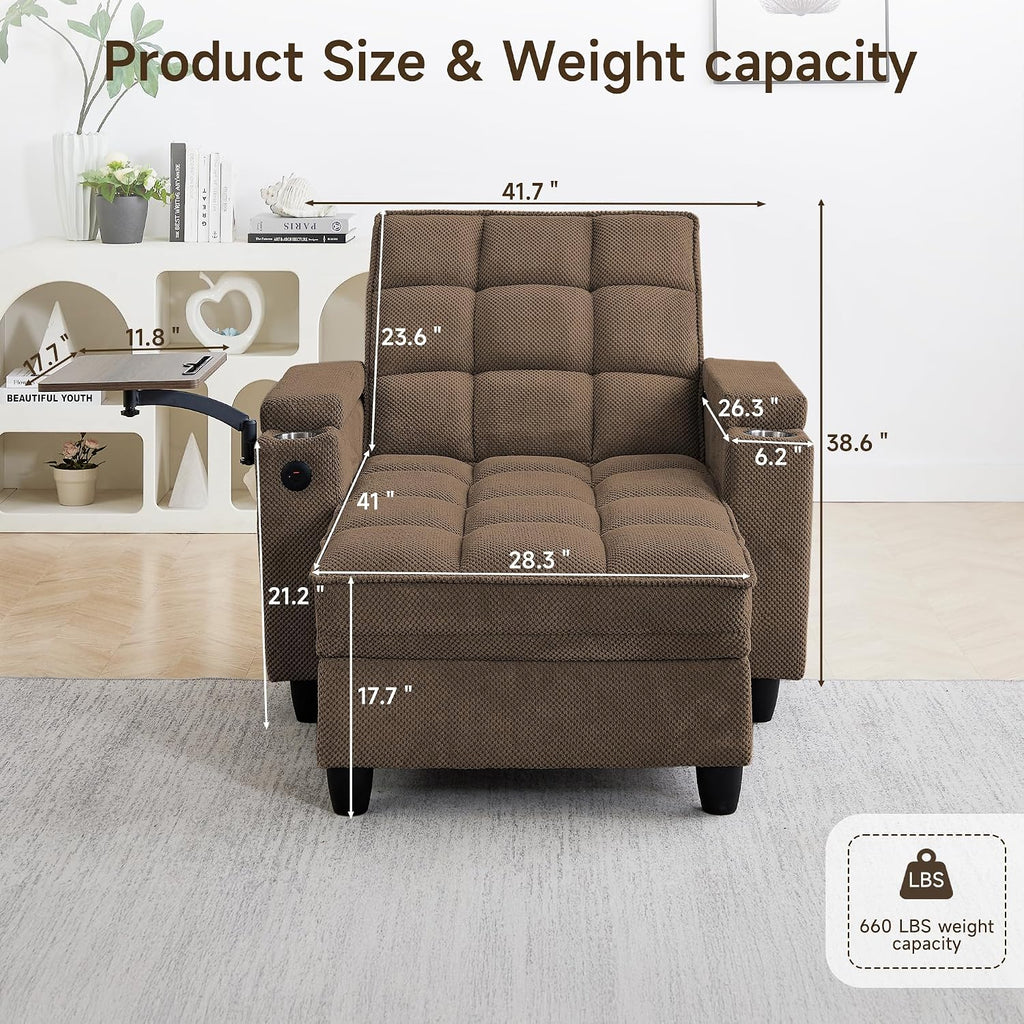 Oversized Recliner Chair with Swivel Tray Table, Modern Tufted Linen Fabric Single Sofa with Cup Holders & USB Port, 660 LBS Heavy Duty Reclining Chair for Living Room, Home Theater & Bedroom (41.7'')