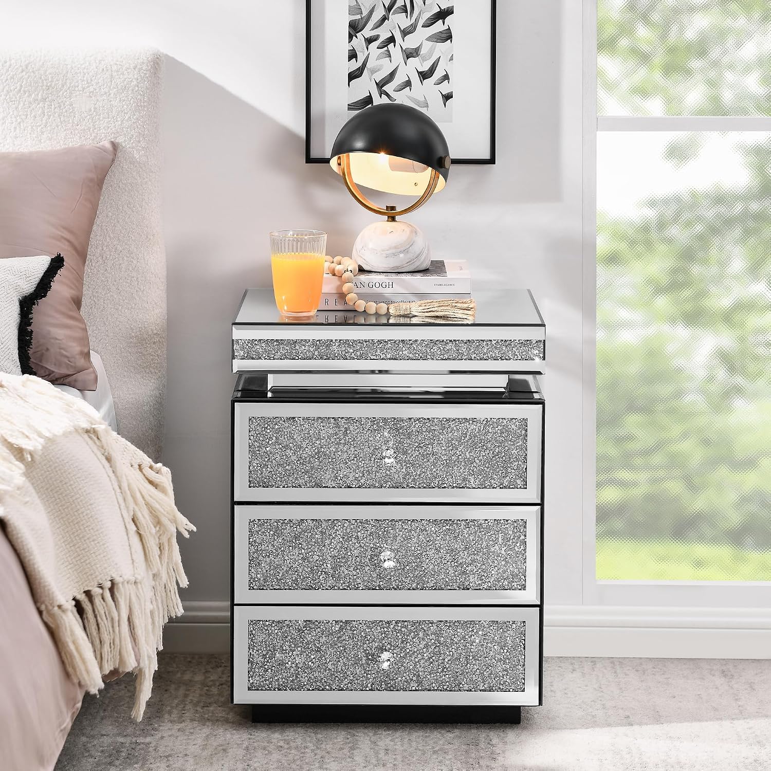 Mirrored Nightstand with 3 Drawers, Silver Nightstand with Crystal Inlay, Mirror End Table, Modern Bedside Table, Glass Table for Bedroom