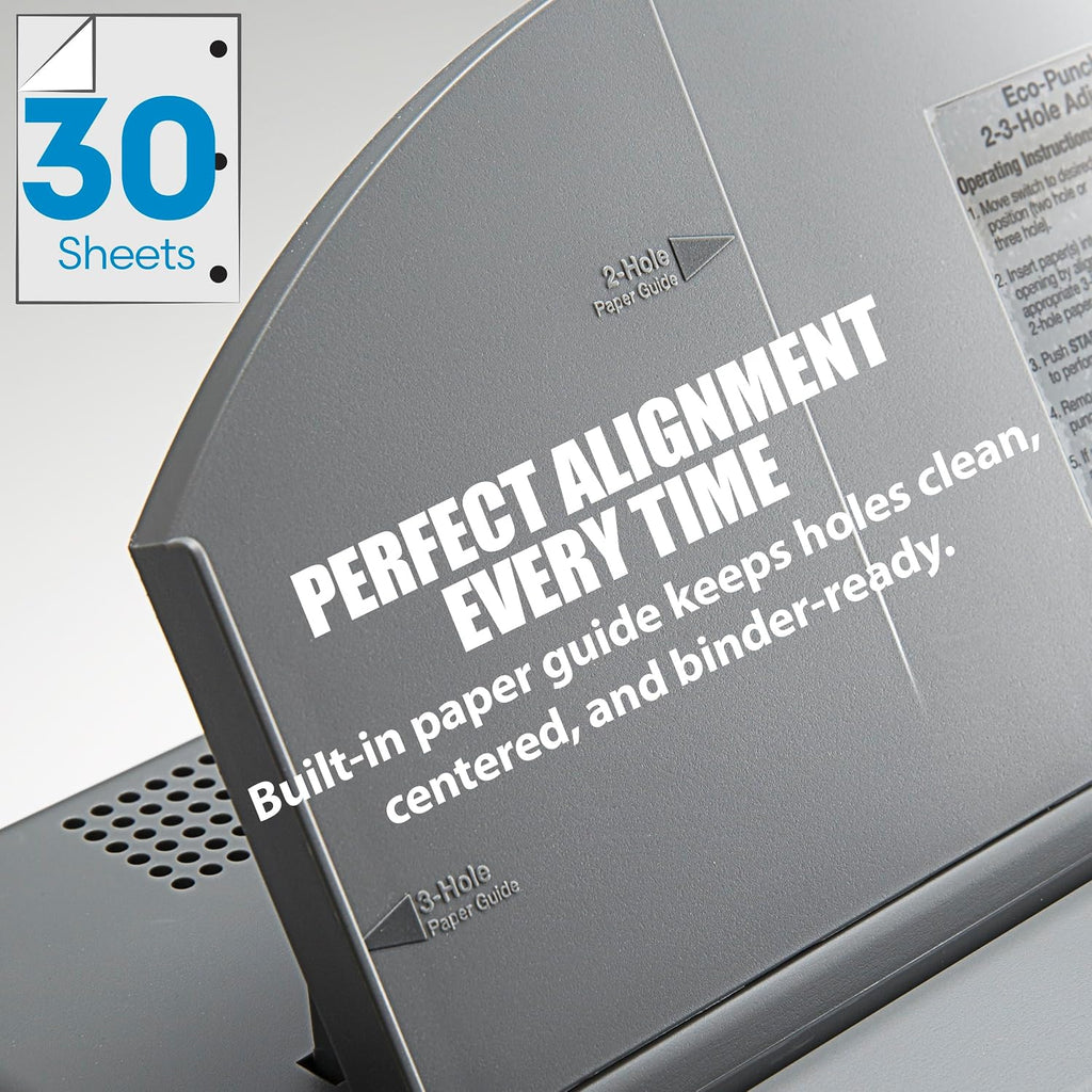 Officemate Electric 2-3 Hole Punch, Adjustable Desktop Eco-Punch, 30-Sheet Capacity, Built-in Paper Guide, Chip Tray & AC Adapter, Gray/Black (90115)