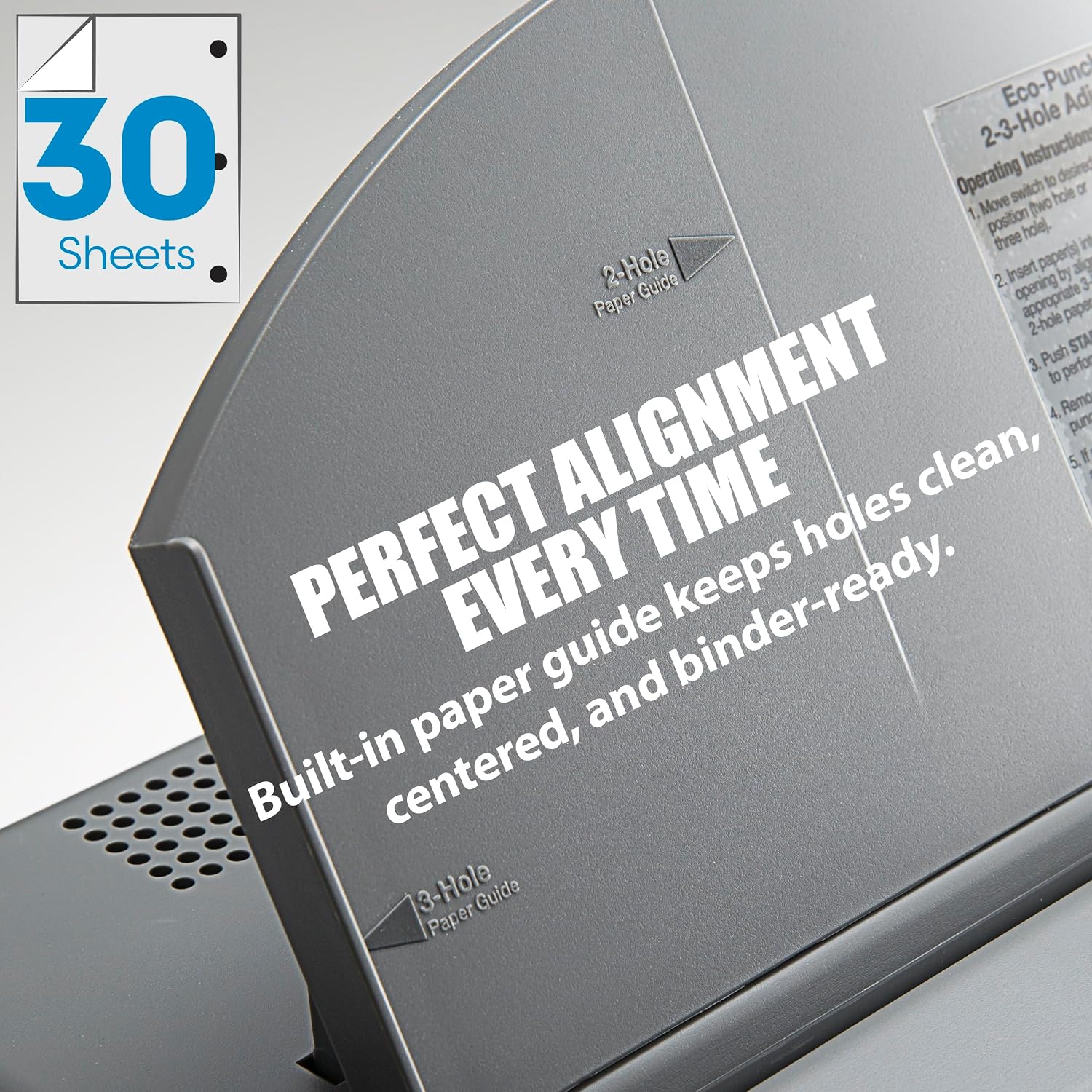 Officemate Electric 2-3 Hole Punch, Adjustable Desktop Eco-Punch, 30-Sheet Capacity, Built-in Paper Guide, Chip Tray & AC Adapter, Gray/Black (90115)