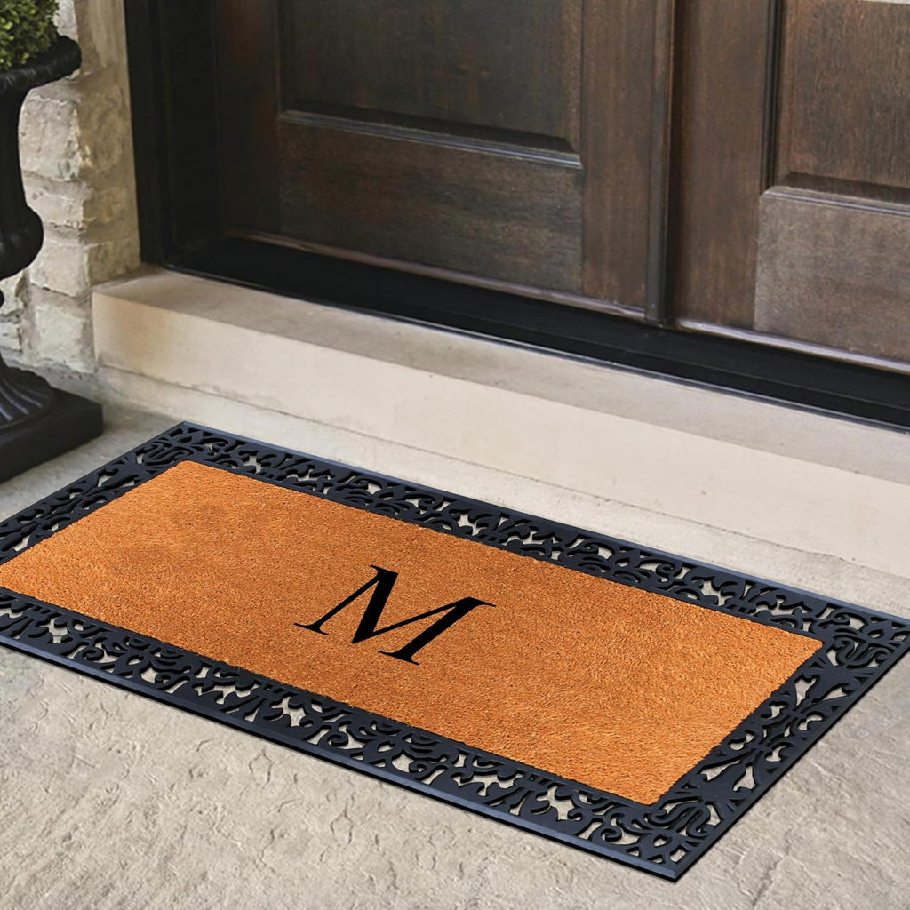 A1HC Natural Coir Doormat for Outside Entrance, Anti-Shed Treated Front Door Mat 30' x 60', Long Lasting Front Porch Entry Matt Monogrammed - M (Plain Black)