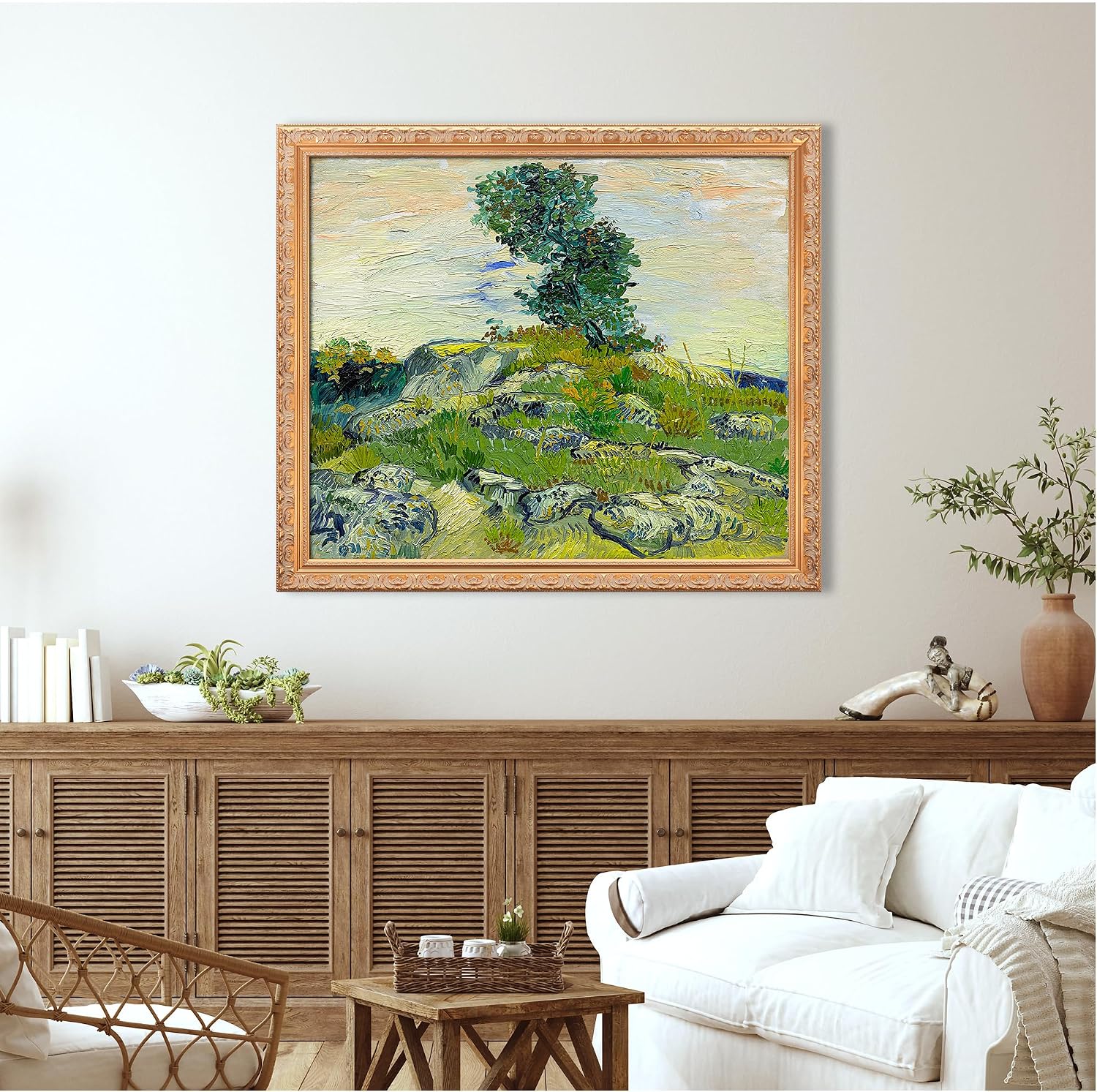 The Rocks by Vincent Van Gogh Solid Wooden Framed Size:40.5x34.5 inches,Image Size:36x30 inches,Golden Frame The World Classic Art Reproductions,Wall Art for Home Decor