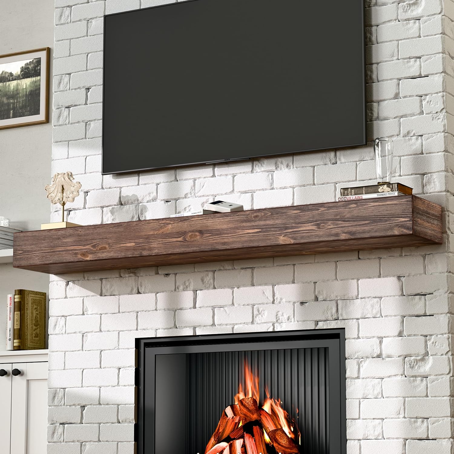 72 Inch Fireplace Mantel Shelf - 8' Deep Solid Wood Floating Mantel for Over Fireplace - 120LBS with Invisible Bracket - Handcrafted TV Decor for Livingroom & Bedroom - Charred Rustic Brown