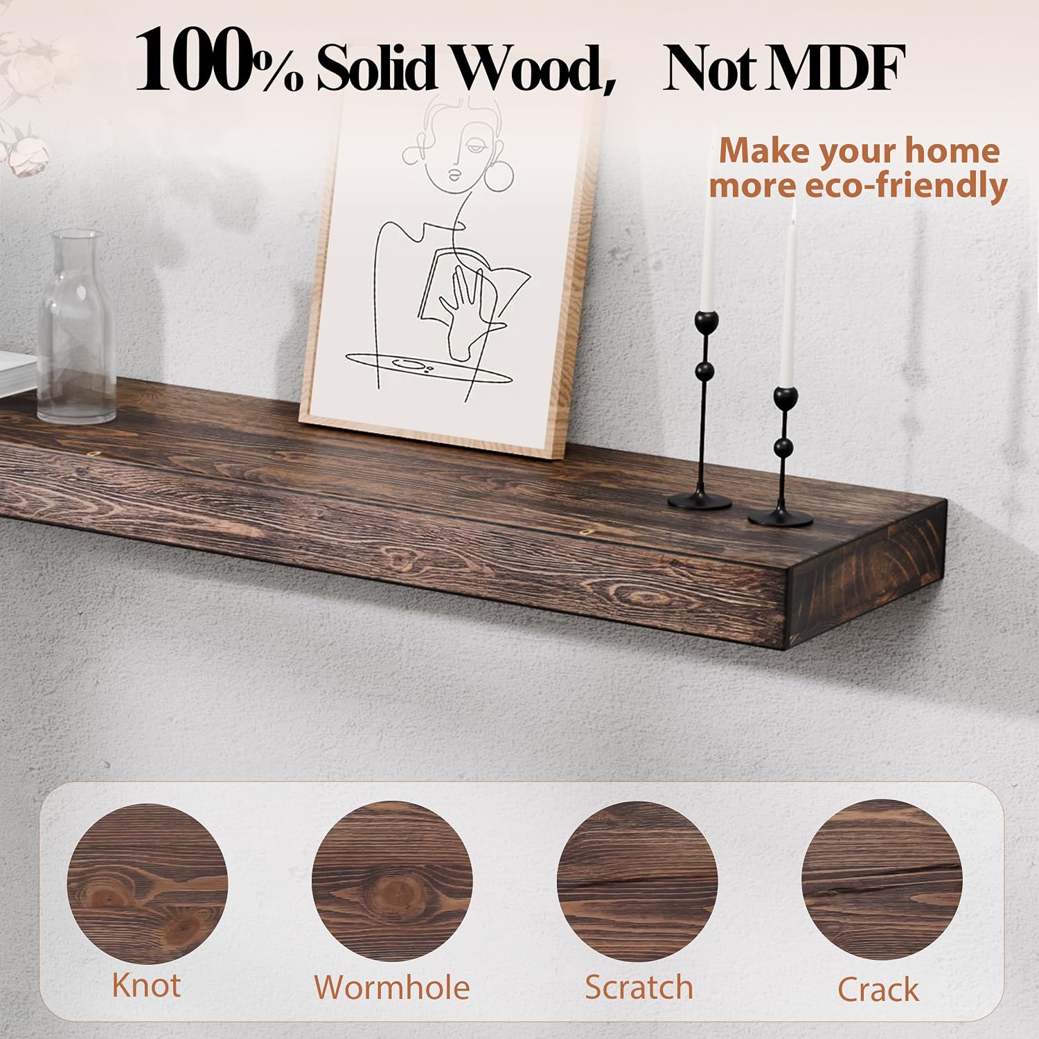 72 Inch Fireplace Mantel Shelf - 8' Deep Solid Wood Floating Mantel for Over Fireplace - 120LBS with Invisible Bracket - Handcrafted TV Decor for Livingroom & Bedroom -Charred Rustic Brown