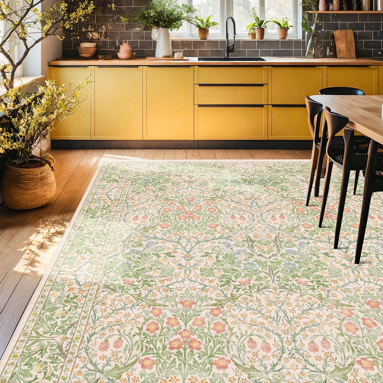 Cream Green Washable 8x10 Area Rugs for Living Room, Bedroom, Dining Room Under Table, Playroom, Stain Resistant Non-Slip Light Green Carpet with Pale Yellow and Pink Blossoms and Blue Flowers