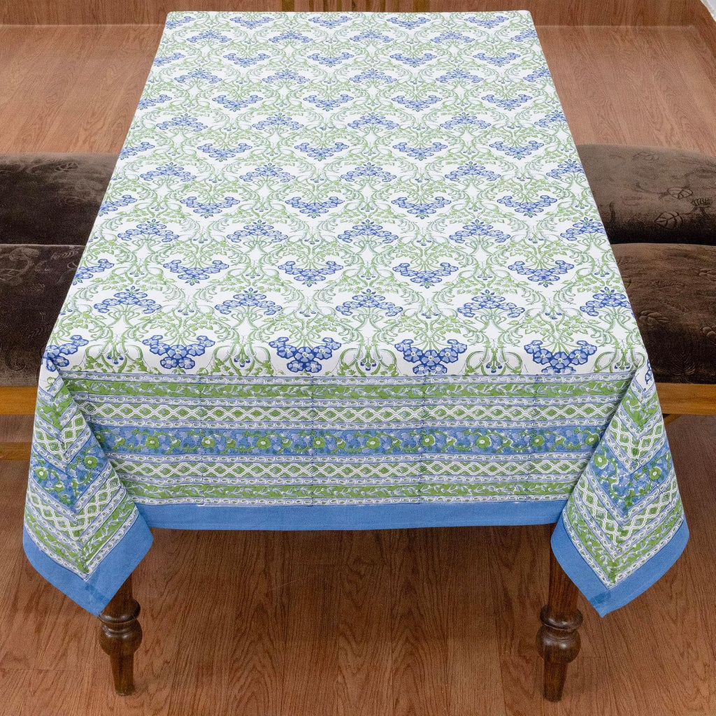 Home Spun & Crafts 72x190 Inches Rectangle Hand Block Printed Cotton Tablecloth, Green Blue Floral Table Cloths Washable, Indian Table Linen Thanksgiving Dining Fall Outdoor