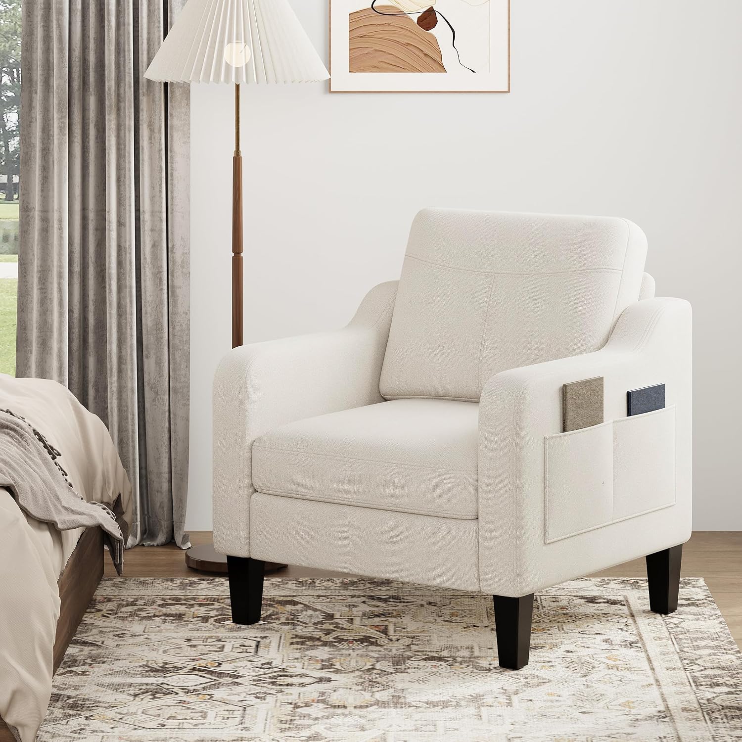 Accent Chair for Living Room Modern Linen Upholstered Armchair Side Wooden Fabric Sofa Chair with Foldable Table 2 Side Pockets Comfy Reading Chair for Bedroom